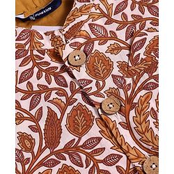 Pine Kids Cotton Woven Full Sleeves Kurta & Pyjama Set With Floral Printed Jacket - Mustard