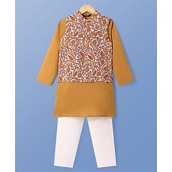 Pine Kids Cotton Woven Full Sleeves Kurta & Pyjama Set With Floral Printed Jacket - Mustard