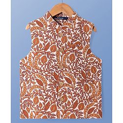 Pine Kids Cotton Woven Full Sleeves Kurta & Pyjama Set With Floral Printed Jacket - Mustard
