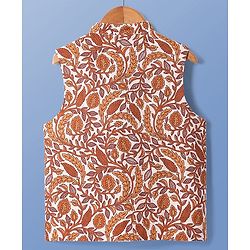 Pine Kids Cotton Woven Full Sleeves Kurta & Pyjama Set With Floral Printed Jacket - Mustard