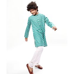 Pine Kids Cotton Woven Full Sleeves Floral Print Kurta Pyjama Set - Teal Blue