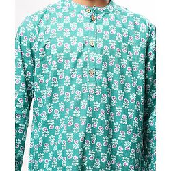 Pine Kids Cotton Woven Full Sleeves Floral Print Kurta Pyjama Set - Teal Blue