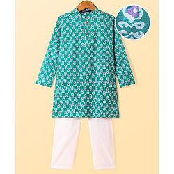 Pine Kids Cotton Woven Full Sleeves Floral Print Kurta Pyjama Set - Teal Blue