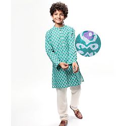 Pine Kids Cotton Woven Full Sleeves Floral Print Kurta Pyjama Set - Teal Blue