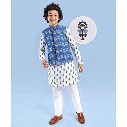 Pine Kids Cotton Woven Full Sleeves Kurta Pyjama Set with Jacket Floral Print - White & Blue