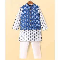 Pine Kids Cotton Woven Full Sleeves Kurta Pyjama Set with Jacket Floral Print - White & Blue