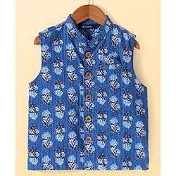 Pine Kids Cotton Woven Full Sleeves Kurta Pyjama Set with Jacket Floral Print - White & Blue