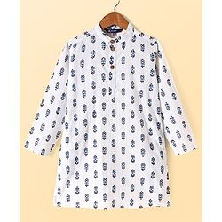 Pine Kids Cotton Woven Full Sleeves Kurta Pyjama Set with Jacket Floral Print - White & Blue