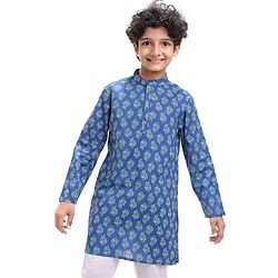 Pine Kids Cotton Woven Kurta with Floral Print - Navy Blue