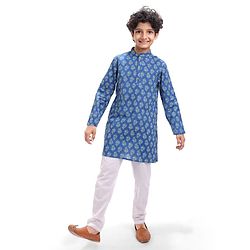 Pine Kids Cotton Woven Kurta with Floral Print - Navy Blue