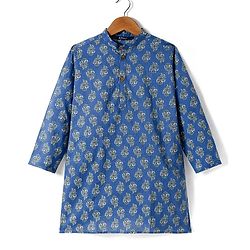 Pine Kids Cotton Woven Kurta with Floral Print - Navy Blue