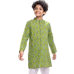 Pine Kids Cotton Woven Full Sleeves Floral Printed Kurta - Olive Green