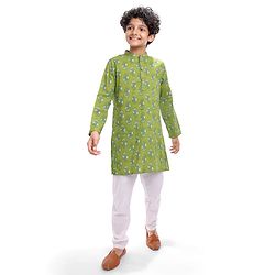 Pine Kids Cotton Woven Full Sleeves Floral Printed Kurta - Olive Green