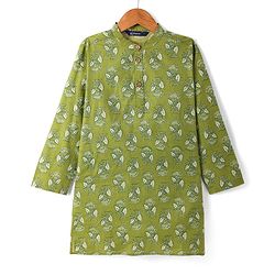 Pine Kids Cotton Woven Full Sleeves Floral Printed Kurta - Olive Green