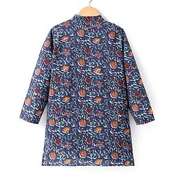 Pine Kids Cotton Woven Full Sleeves Kurta with Floral Print - Navy Blue