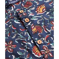 Pine Kids Cotton Woven Full Sleeves Kurta with Floral Print - Navy Blue