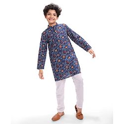 Pine Kids Cotton Woven Full Sleeves Kurta with Floral Print - Navy Blue