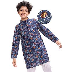 Pine Kids Cotton Woven Full Sleeves Kurta with Floral Print - Navy Blue