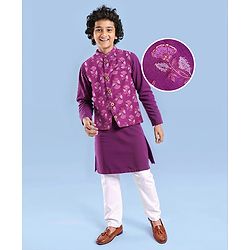 Pine Kids Cotton Woven Full Sleeves Kurta Pajama Set With Floral Printed Jacket- Purple