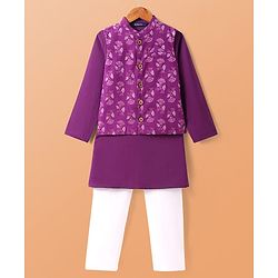 Pine Kids Cotton Woven Full Sleeves Kurta Pajama Set With Floral Printed Jacket- Purple