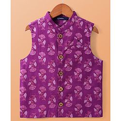 Pine Kids Cotton Woven Full Sleeves Kurta Pajama Set With Floral Printed Jacket- Purple