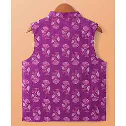 Pine Kids Cotton Woven Full Sleeves Kurta Pajama Set With Floral Printed Jacket- Purple