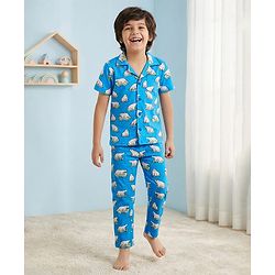 Pine Kids Single Jersey Knit Half Sleeves Night Suit Polar Bear Print - Blue