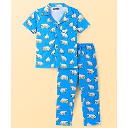 Pine Kids Single Jersey Knit Half Sleeves Night Suit Polar Bear Print - Blue