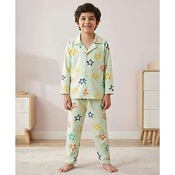 Pine Kids Single Jersey Knit Full Sleeves Front Open Night Suit Star Print - Sea Green