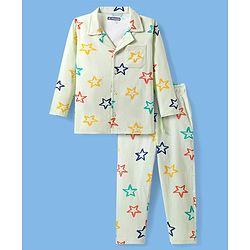 Pine Kids Single Jersey Knit Full Sleeves Front Open Night Suit Star Print - Sea Green