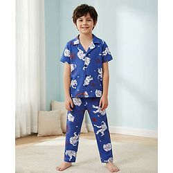 Pine Kids Single Jersey Knit Half Sleeves Night Suit with Astronaut Print - Blue