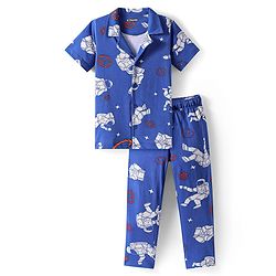 Pine Kids Single Jersey Knit Half Sleeves Night Suit with Astronaut Print - Blue