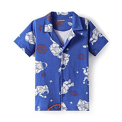 Pine Kids Single Jersey Knit Half Sleeves Night Suit with Astronaut Print - Blue