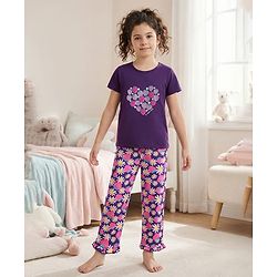 Pine Kids Single Jersey Knit Half Sleeves Night Suit with Strawberry Print - Purple