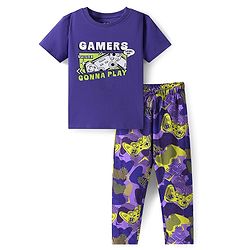 Pine Kids Single Jersey Knit Half Sleeves Night Suit with Text Print - Violet