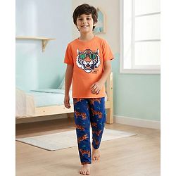 Pine Kids Single Jersey Knit Half Sleeves Night Suit with Tiger Print - Orange & Blue