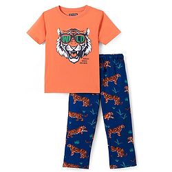 Pine Kids Single Jersey Knit Half Sleeves Night Suit with Tiger Print - Orange & Blue