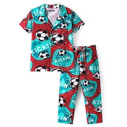 Pine Kids Single Jersey Knit Half Sleeves Night Suit with Football Print - Mint Green