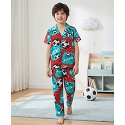 Pine Kids Single Jersey Knit Half Sleeves Night Suit with Football Print - Mint Green