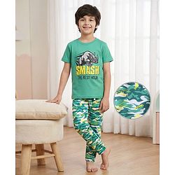 Pine Kids Single Jersey Knit Half Sleeves Night Suit with Animal & Camoflage - Dark Green