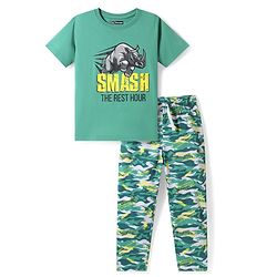 Pine Kids Single Jersey Knit Half Sleeves Night Suit with Animal & Camoflage - Dark Green