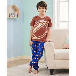 Pine Kids Single Jersey Knit Half Sleeves Night Suit with Rugby Ball Print - Navy Blue & Brown