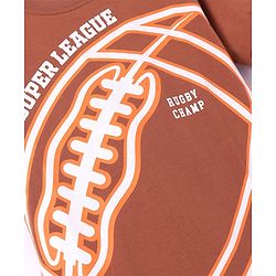 Pine Kids Single Jersey Knit Half Sleeves Night Suit with Rugby Ball Print - Navy Blue & Brown