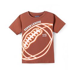 Pine Kids Single Jersey Knit Half Sleeves Night Suit with Rugby Ball Print - Navy Blue & Brown