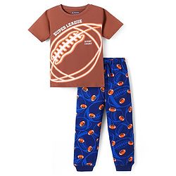 Pine Kids Single Jersey Knit Half Sleeves Night Suit with Rugby Ball Print - Navy Blue & Brown