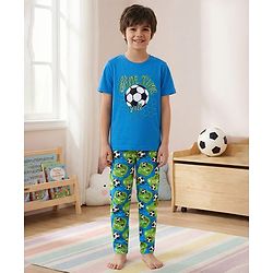 Pine Kids Single Jersey Knit Half Sleeves Night Suit with Football Print - Blue