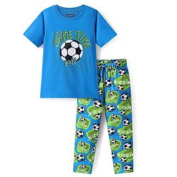 Pine Kids Single Jersey Knit Half Sleeves Night Suit with Football Print - Blue