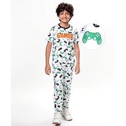 Pine Kids Single Jersey Knit Half Sleeves Night Suit With Gamer Text Print - White