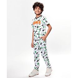 Pine Kids Single Jersey Knit Half Sleeves Night Suit With Gamer Text Print - White