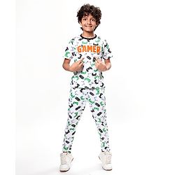 Pine Kids Single Jersey Knit Half Sleeves Night Suit With Gamer Text Print - White